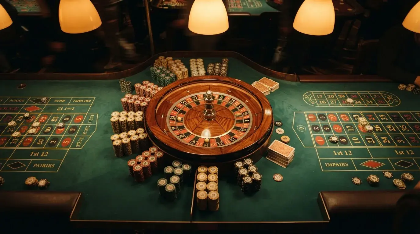 Rulettkerék és zsetonok zöld posztón, meleg esti fényben — blackjack játék magyarországon