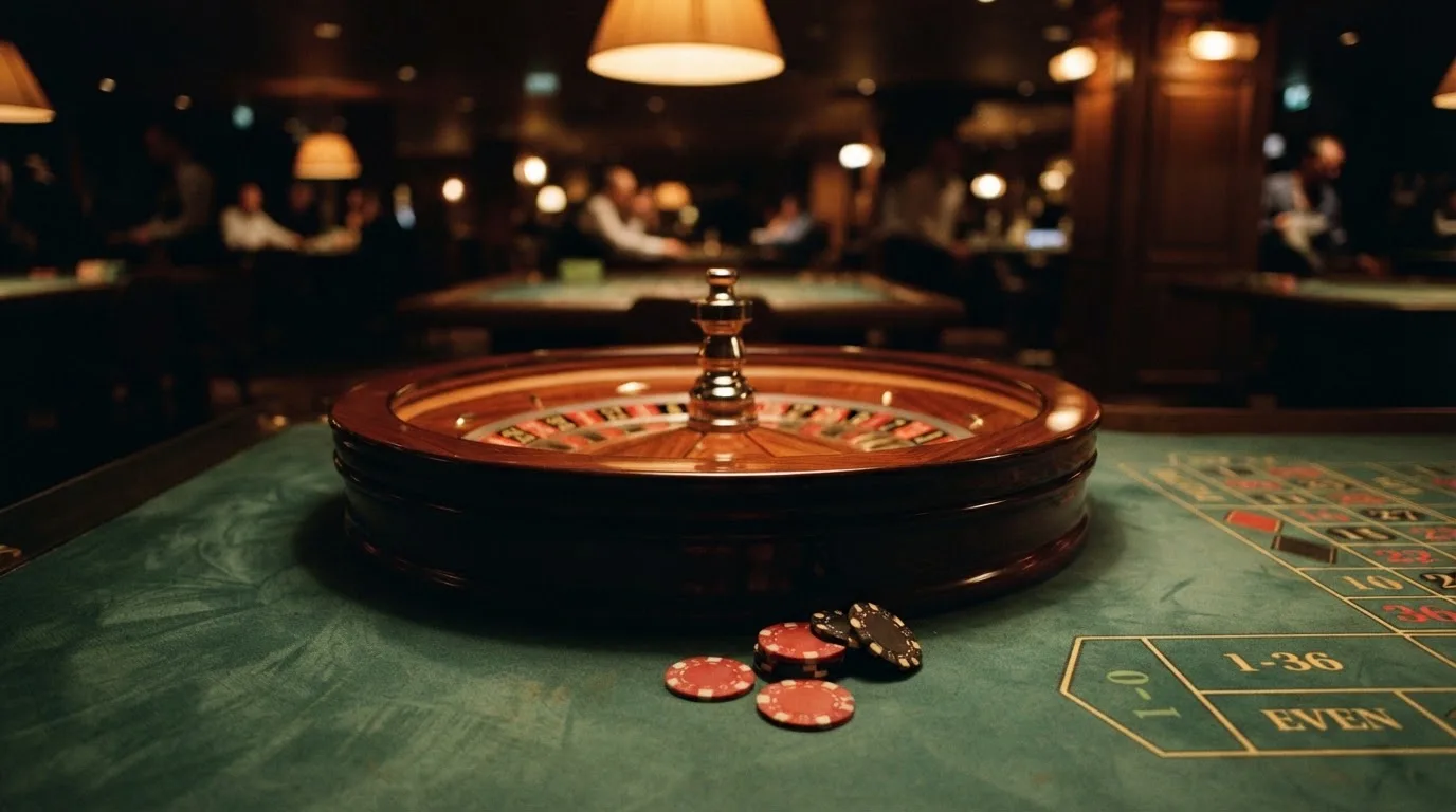 Rulettkerék és zsetonok zöld posztón, meleg esti fényben — blackjack szabályok magyaroknak
