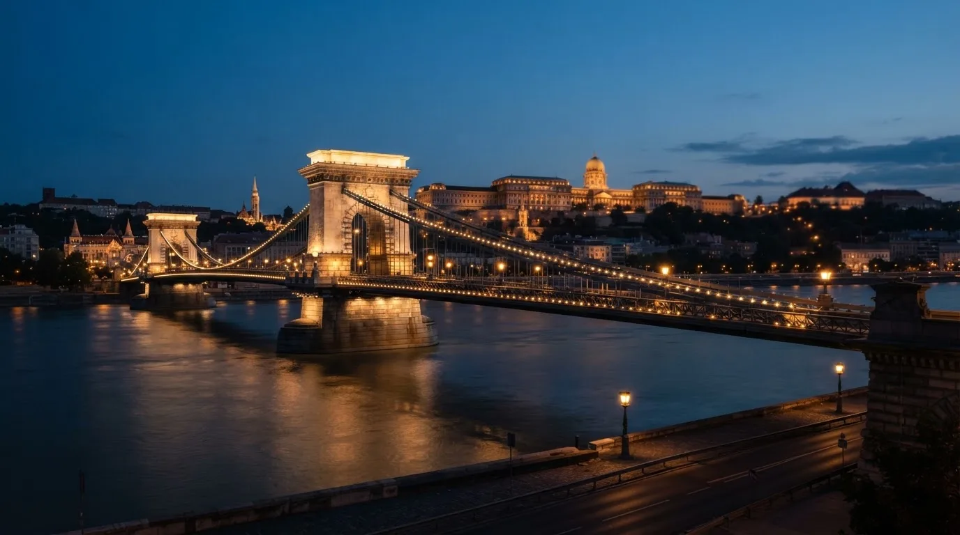 A budapesti Lánchíd esti fényekben a Duna fölött, a háttérben a budai Vár, forgalom nélküli rakpart.