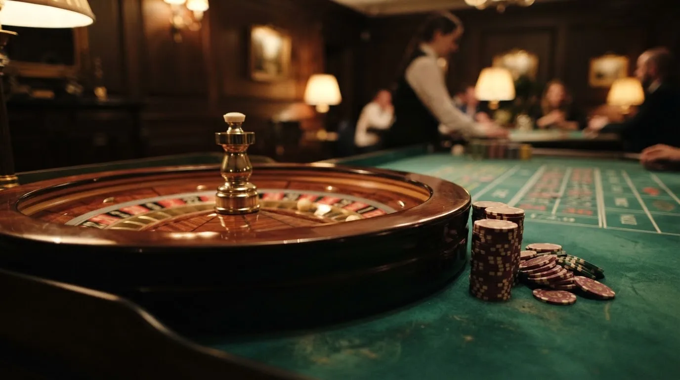 Rulettkerék és zsetonok zöld posztón, meleg esti fényben — high roller kaszinók magyarországon