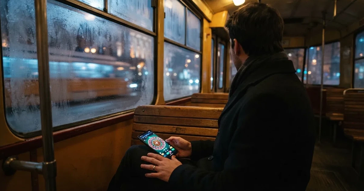Mobiltelefon kézben egy budapesti villamoson egy téli estén — iphone kaszinó magyarországon