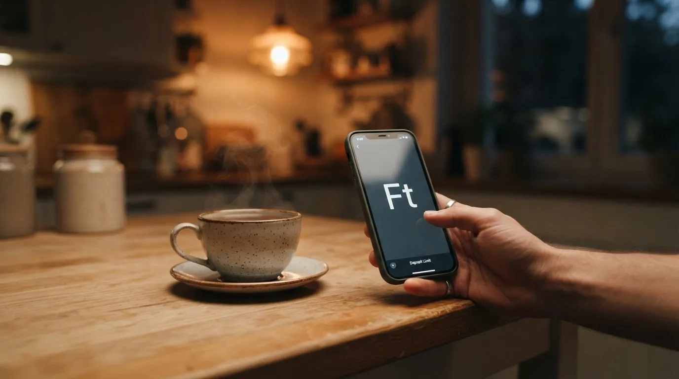 Kéz tart egy mobiltelefont egy csésze tea mellett a konyhaasztalon egy nyugodt estén — kaszinó szerencsejáték magyarországon