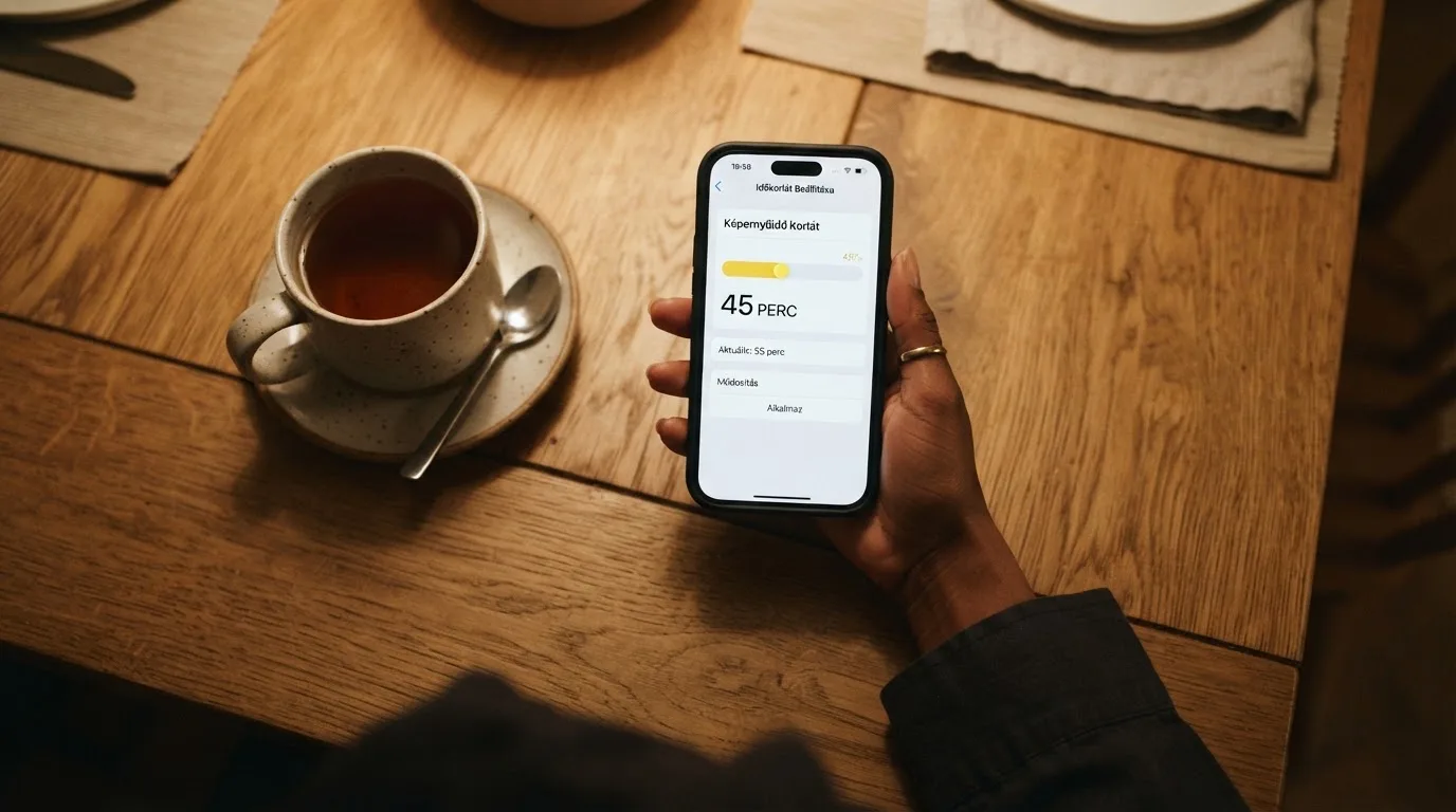 Kéz tart egy mobiltelefont egy csésze tea mellett a konyhaasztalon egy nyugodt estén — külföldi magyar kaszinók