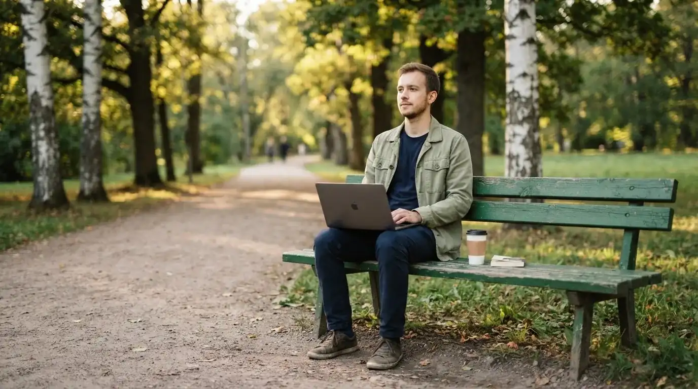 Fiatal férfi parkpadon ül, kezében összecsukott laptop és kávé, nyugodtan szünetet tart, a háttérben fák.