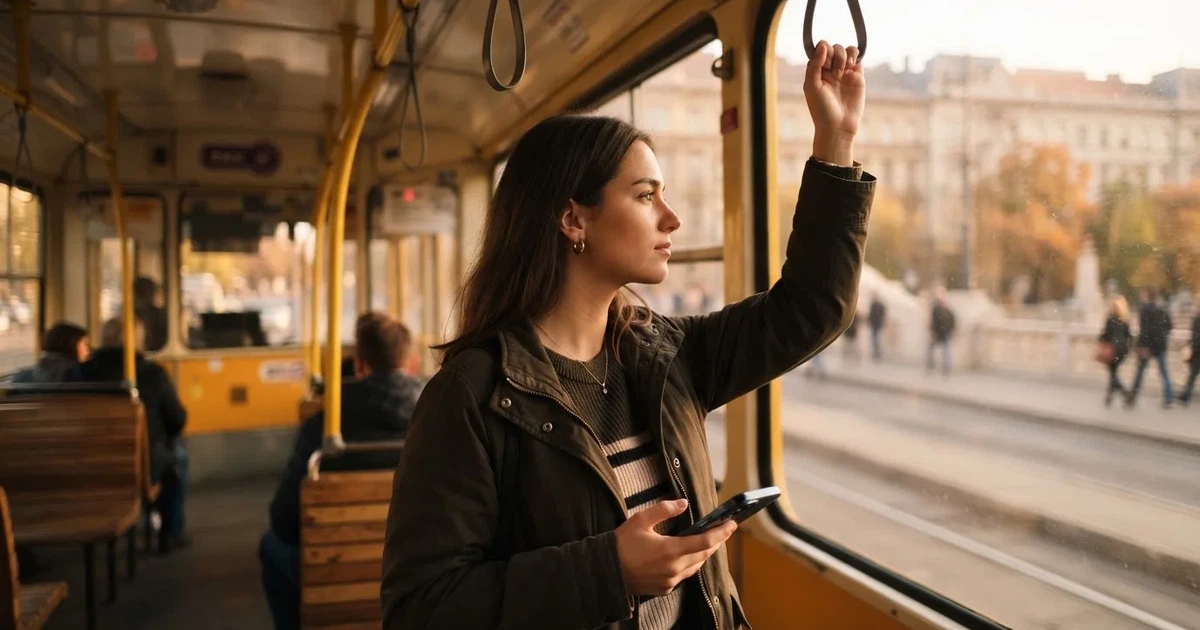 Fiatal nő villamoson áll, egyik kezében okostelefon, a kijelző nem látszik, a háttérben elmosódott budapesti utca.